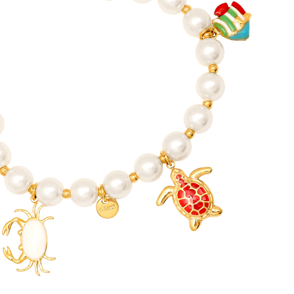 Bracelet Ocean Creatures Perles Nacrées – détail charms tortue & crabe