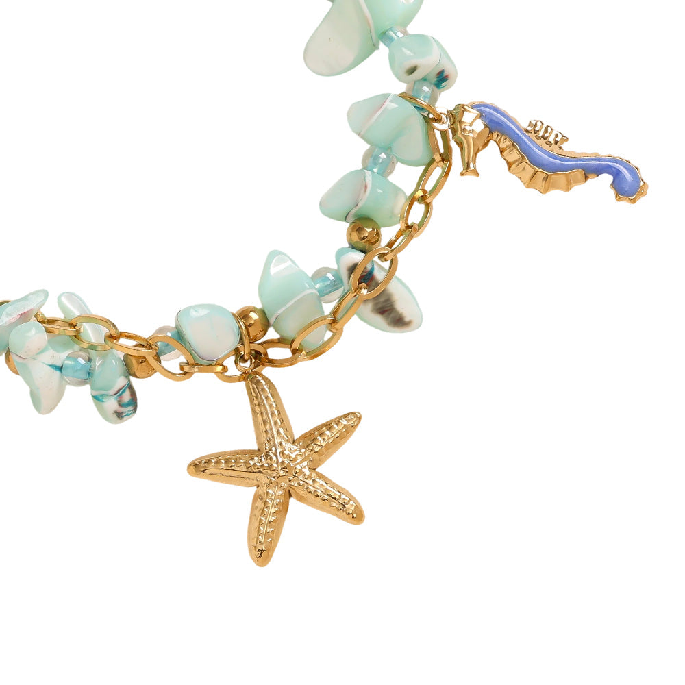 Bracelet Chips Bleu Lagon Charms Marins Dorés – détail étoile de mer & hippocampe
