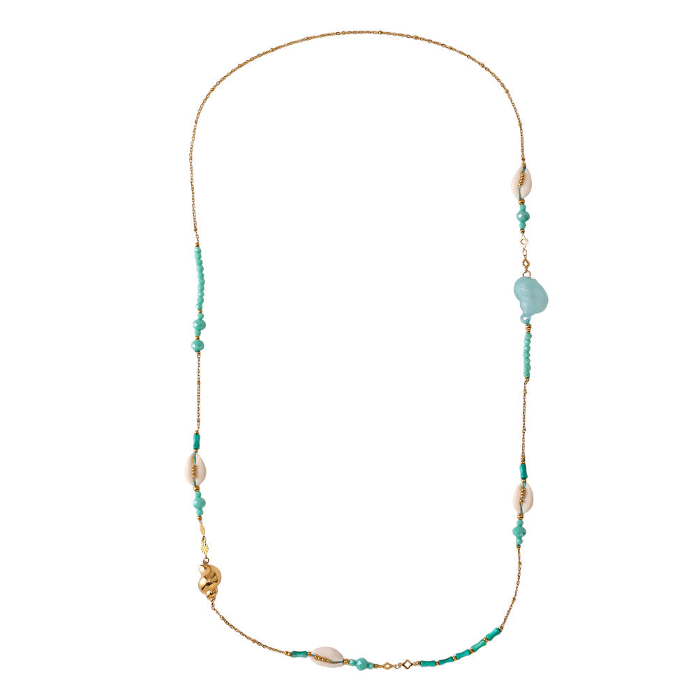 Collier Long Bohème Coquillages & Perles Turquoise – fond blanc