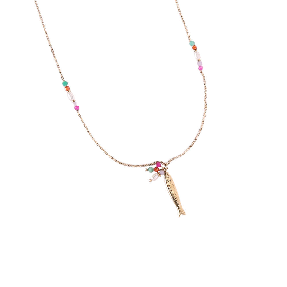 Collier Long Poissons Dorés & Perles Multicolores – détail pendentif