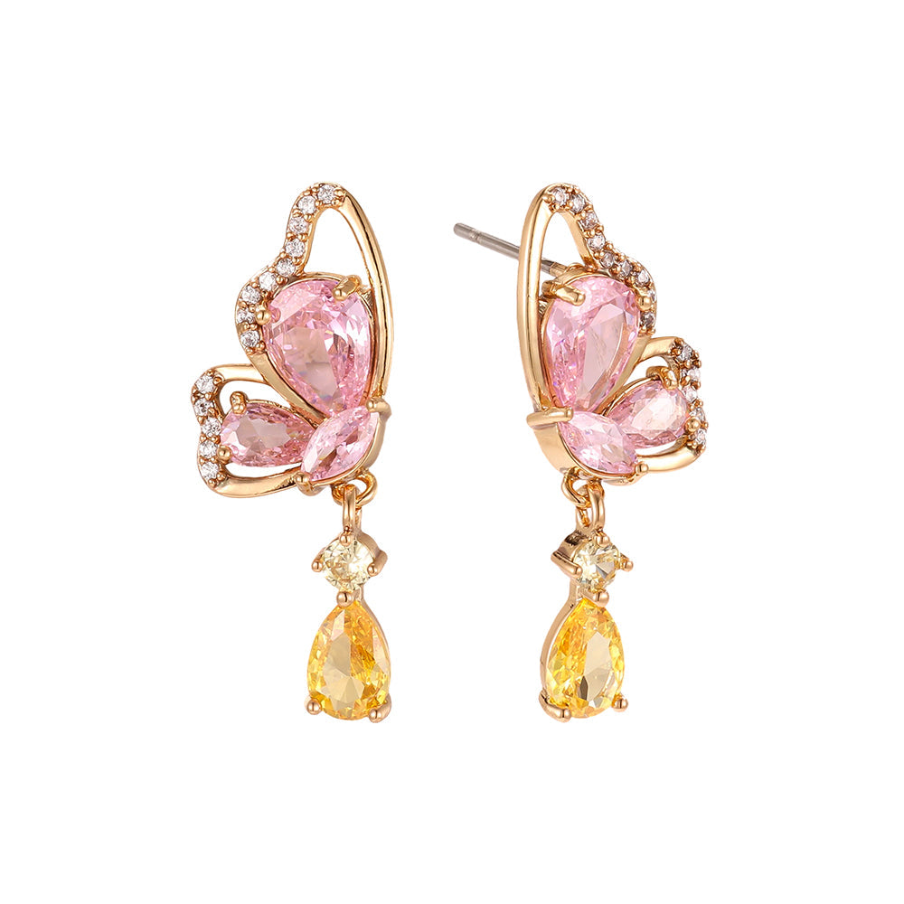 Puces Papillon Doré Zirconia Rose & Pendentif Jaune – fond blanc