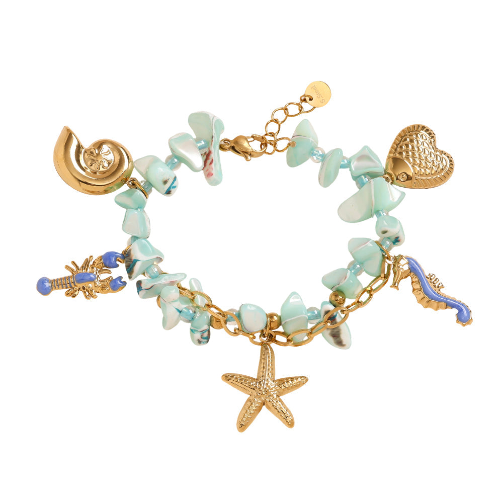 Bracelet Chips Bleu Lagon Charms Marins Dorés – fond blanc vue complète