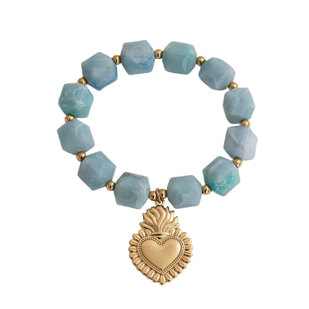 Bracelet Élastique Perles Cubiques Bleu Azur Sacré-Cœur Doré – fond blanc vue complète