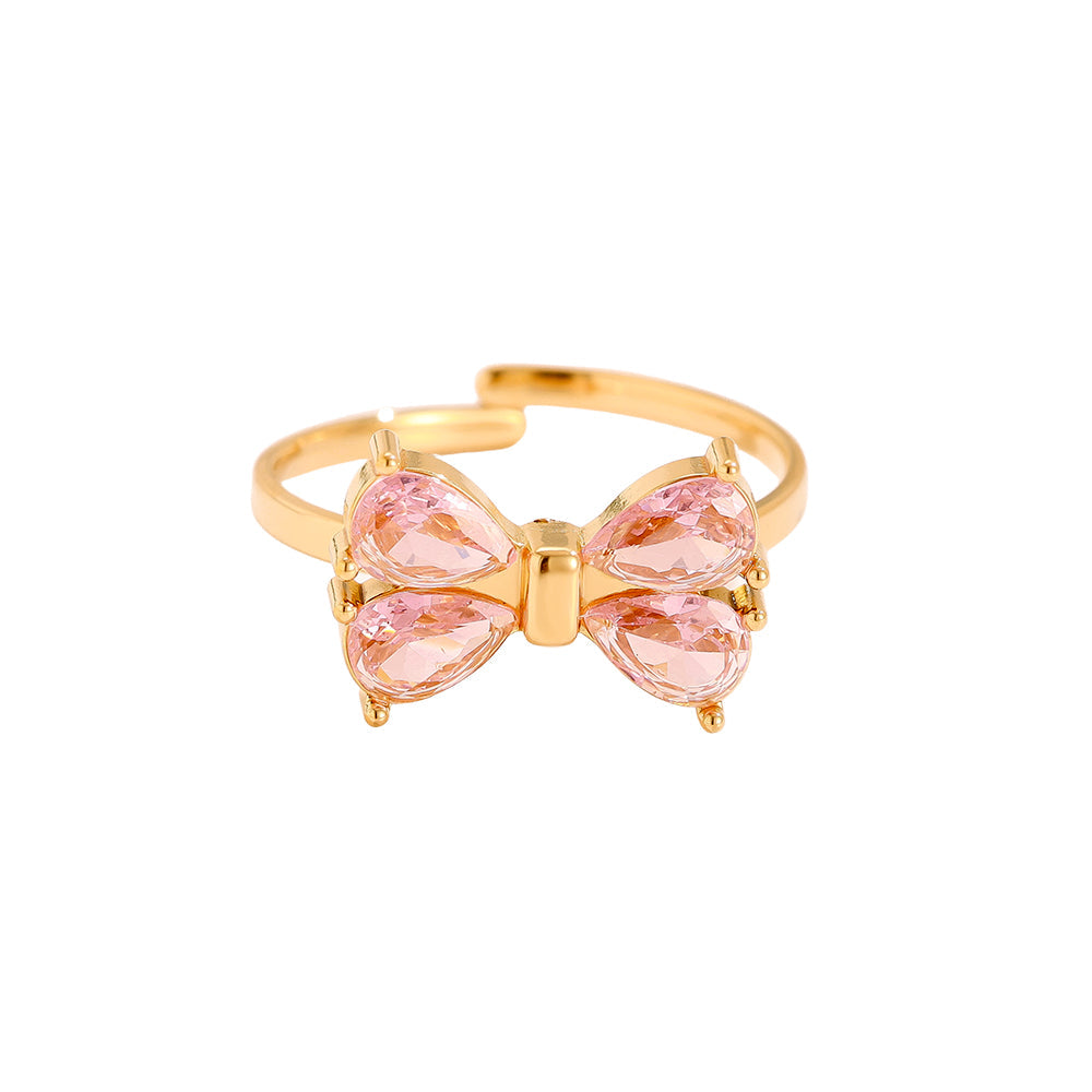 Bague Nœud Papillon Zirconia Rose Nacré Doré – fond blanc vue complète