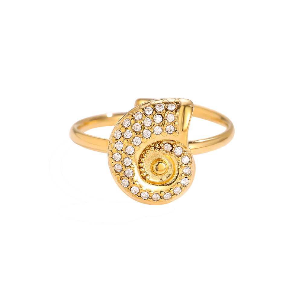 Bague Coquille Spirale Pavée Zirconia Doré – fond blanc vue complète