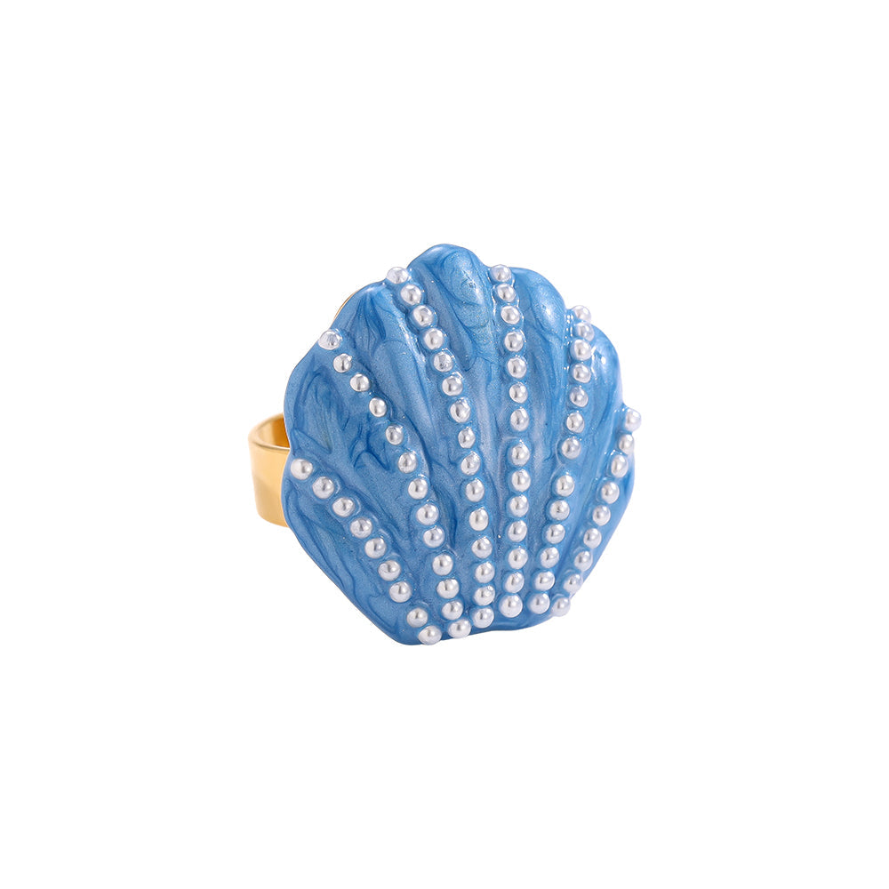Bague Coquille Saint-Jacques Bleue Azur Micro-Perles Nacrées – fond blanc vue complète