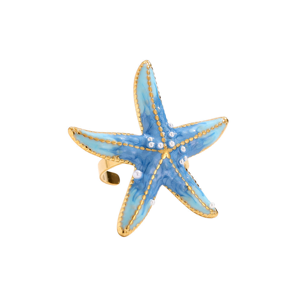 Bague Étoile de Mer Bleue Azur Nacré Liseré Doré Perles – fond blanc vue complète
