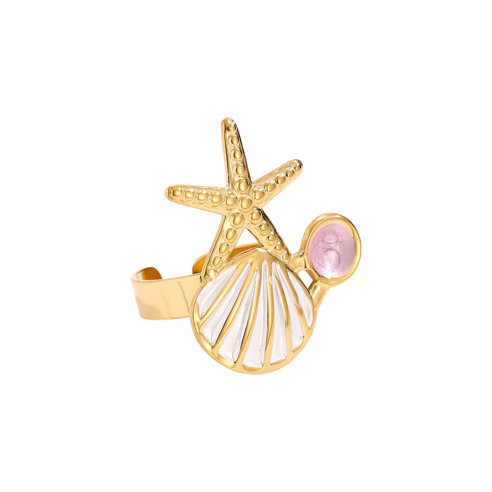 Bague Trio Marin Étoile Coquille Perle Rose Doré – fond blanc vue complète