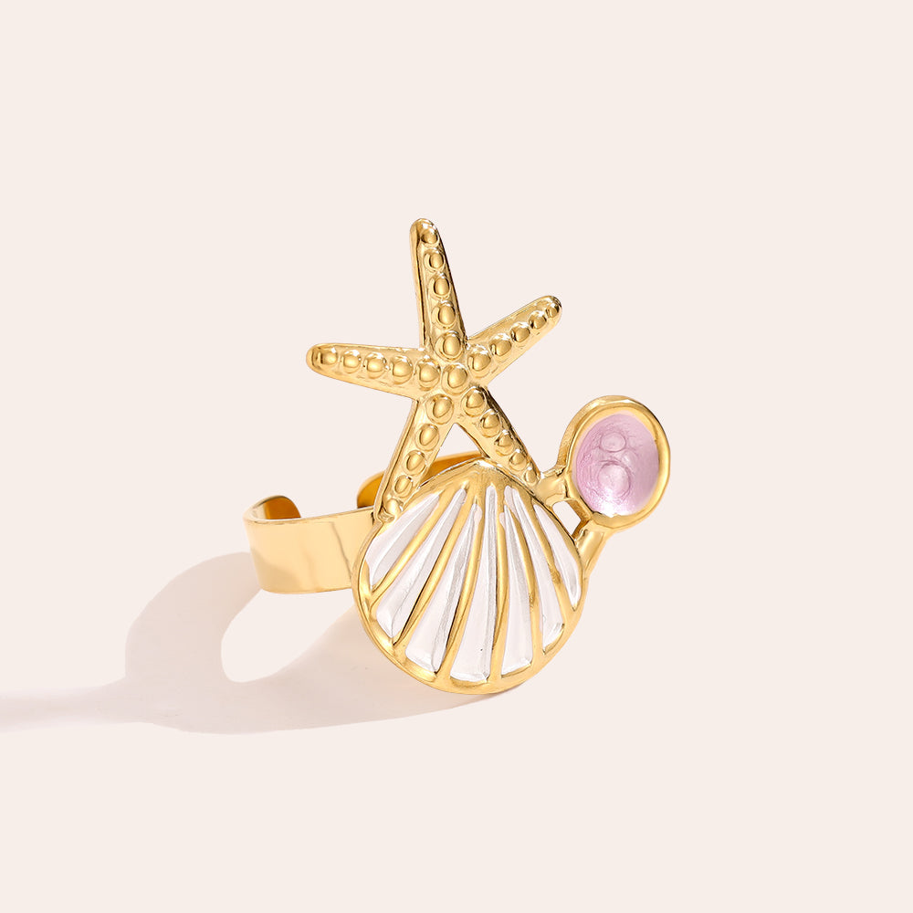 Bague Trio Marin Étoile Coquille Perle Rose Doré – fond beige vue complète
