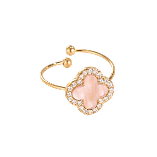 Bague Jonc Doré Trèfle Rose Nacré Halo Zirconia – fond blanc vue complète