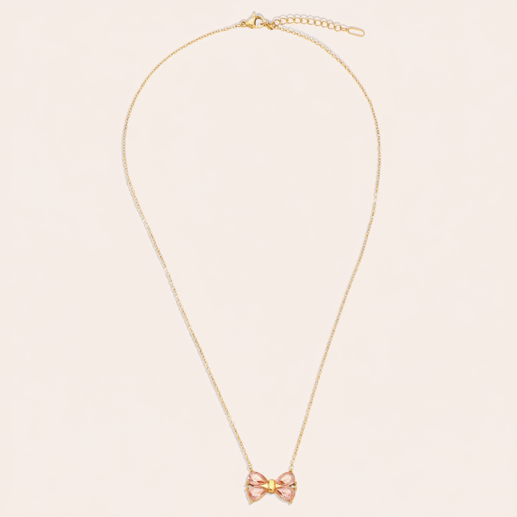 Collier Nœud Rose sur fond beige sans médaillon doré