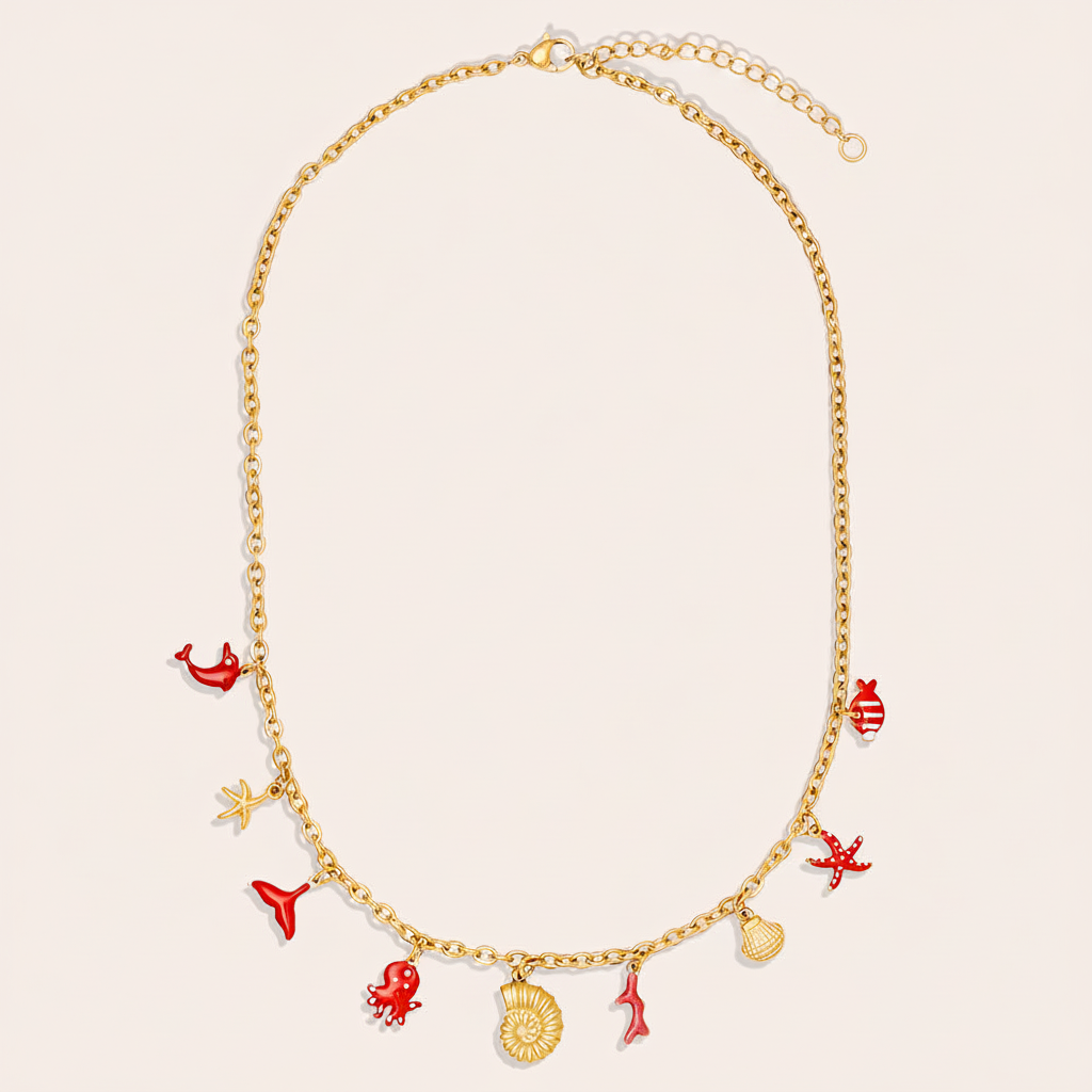 Collier Charms Marins Rouge fond beige sans médaillon doré