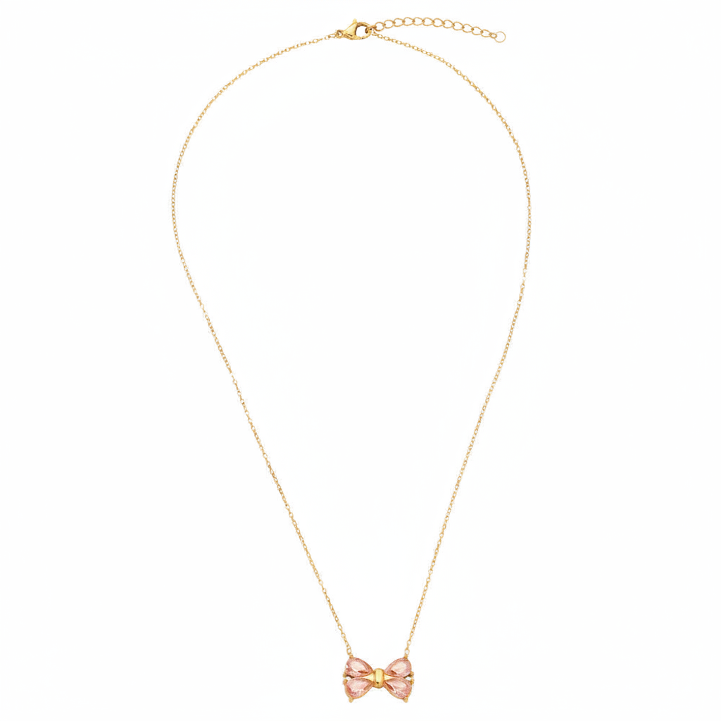 Collier Nœud Rose sur fond blanc sans médaillon doré