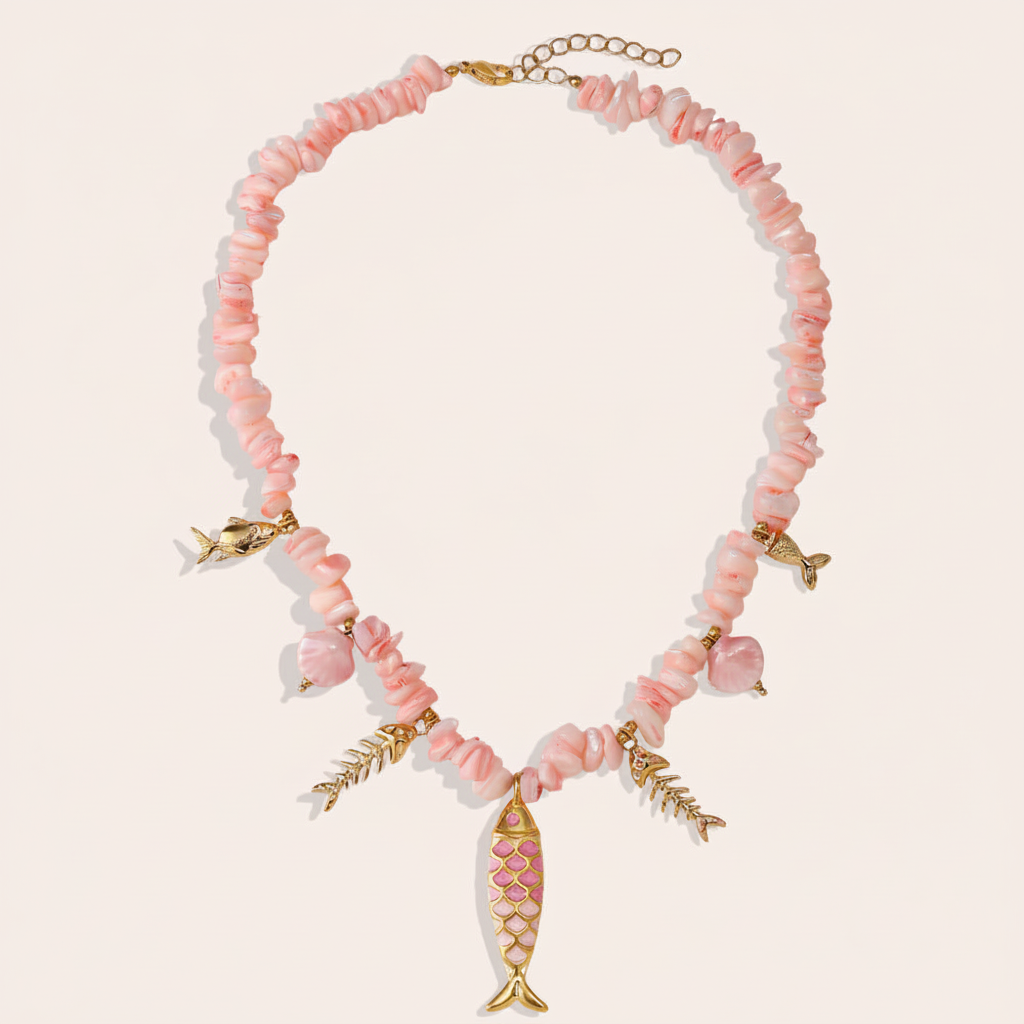 Collier Corail Rose fond beige sans médaillon doré